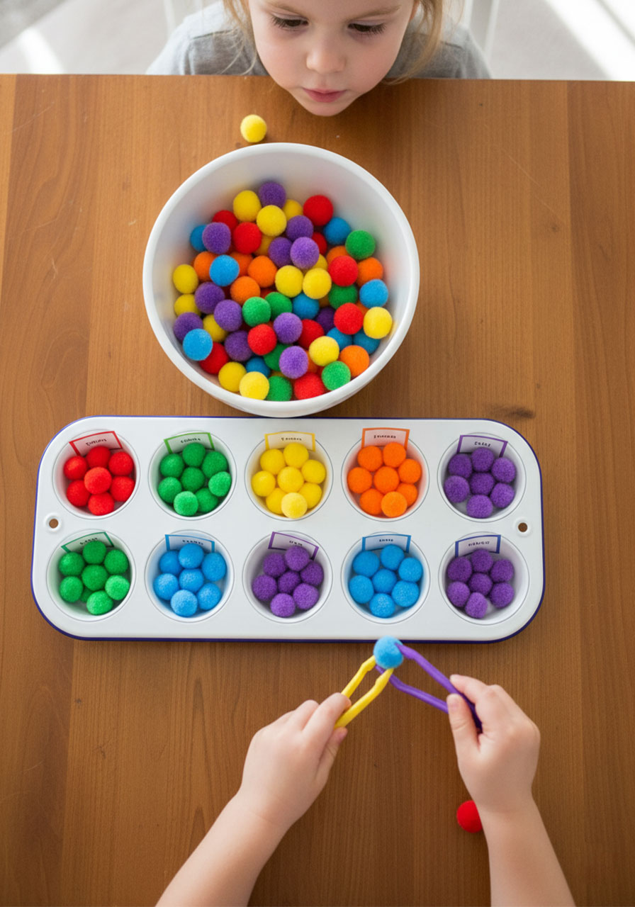 Rainbow pom-pom sorting game with colorful pompoms and muffin tin for toddler learning activity