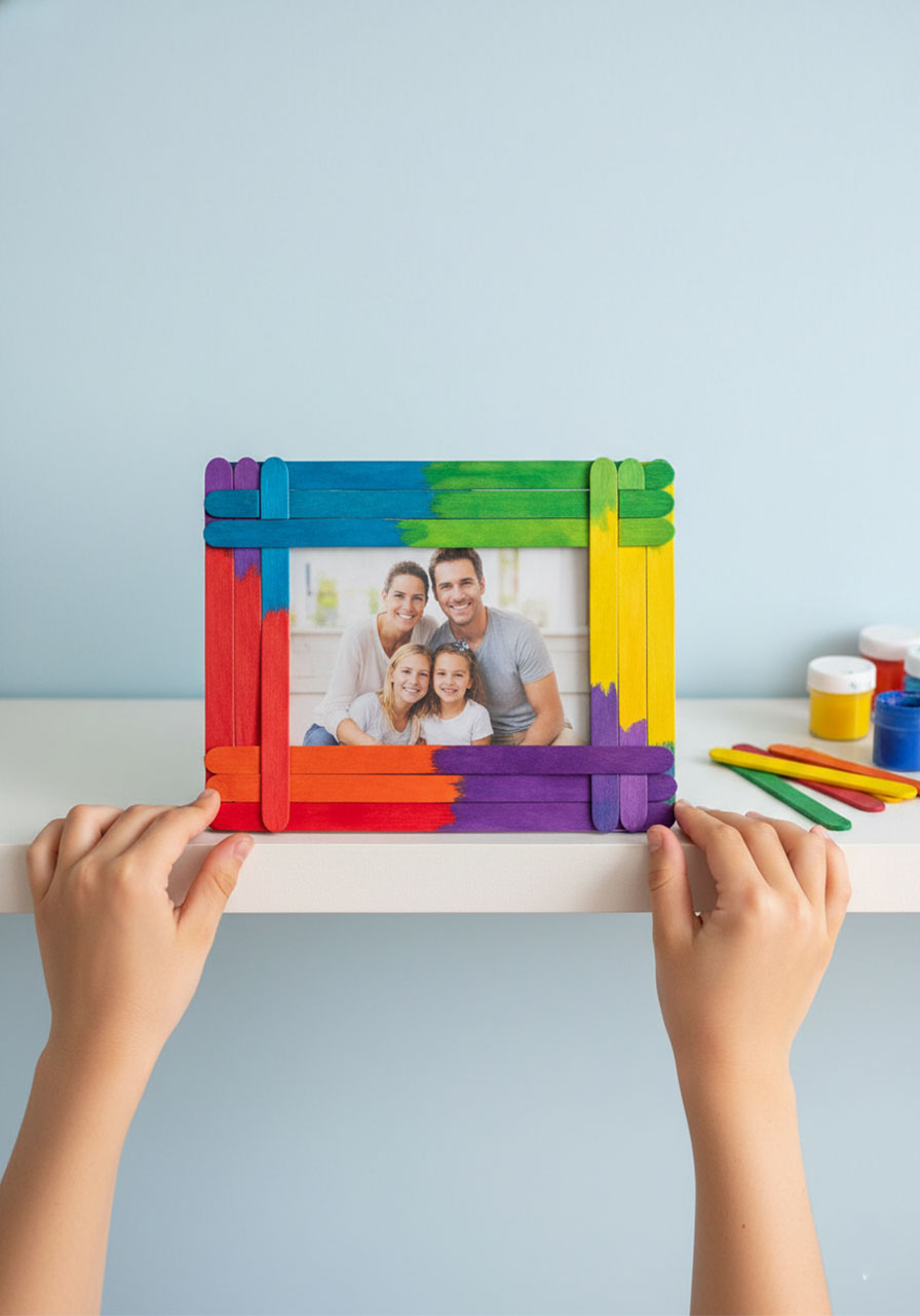 Rainbow popsicle stick picture frame with colorful painted craft sticks arranged in border