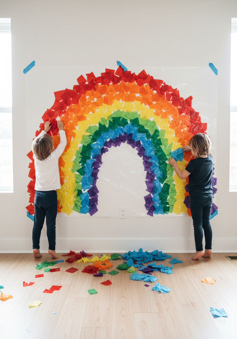 Rainbow sticky wall mural with children adding colorful cellophane pieces to contact paper