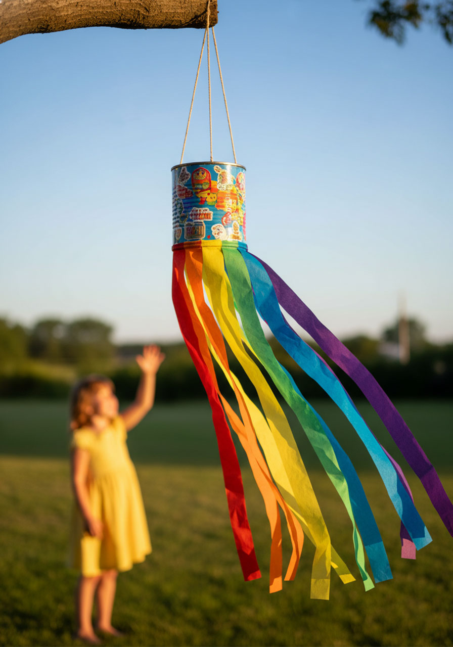 Rainbow streamer windsock with flowing colorful ribbons hanging from tree in breeze