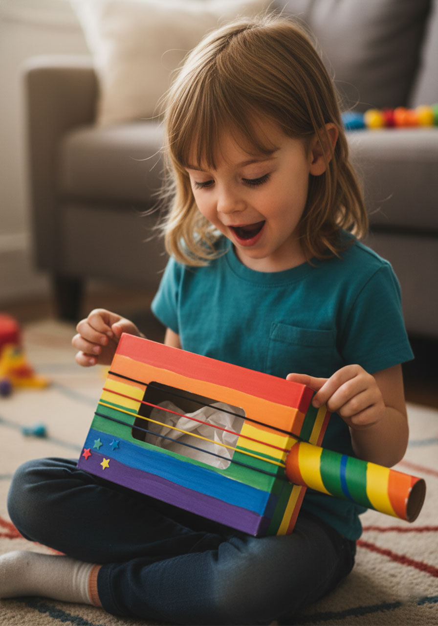 Rainbow tissue box guitar with rubber band strings and painted box as kids musical craft