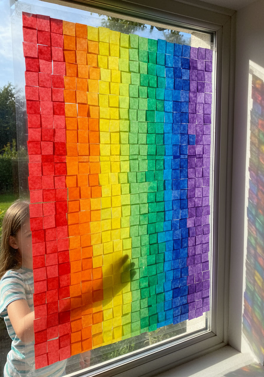 Rainbow tissue paper mosaic window art with colorful squares creating stained glass effect