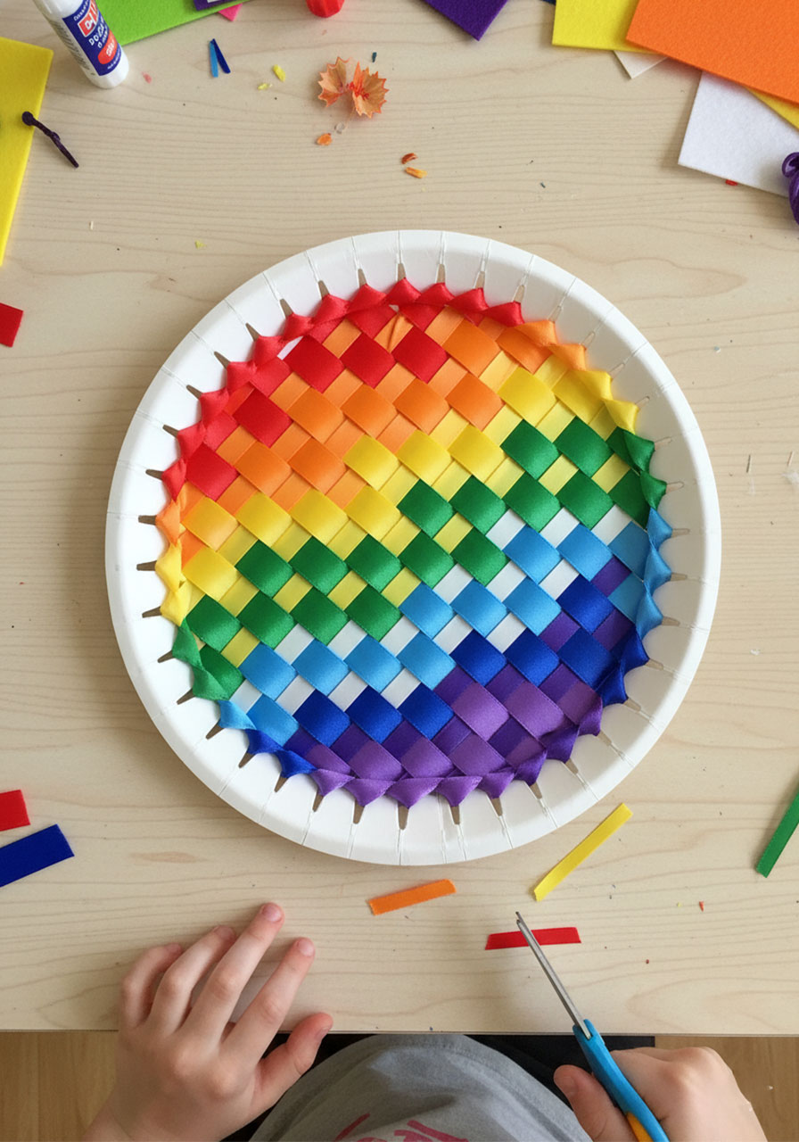 Rainbow woven paper plate craft with colorful ribbons interlaced in basket-weave pattern for kids