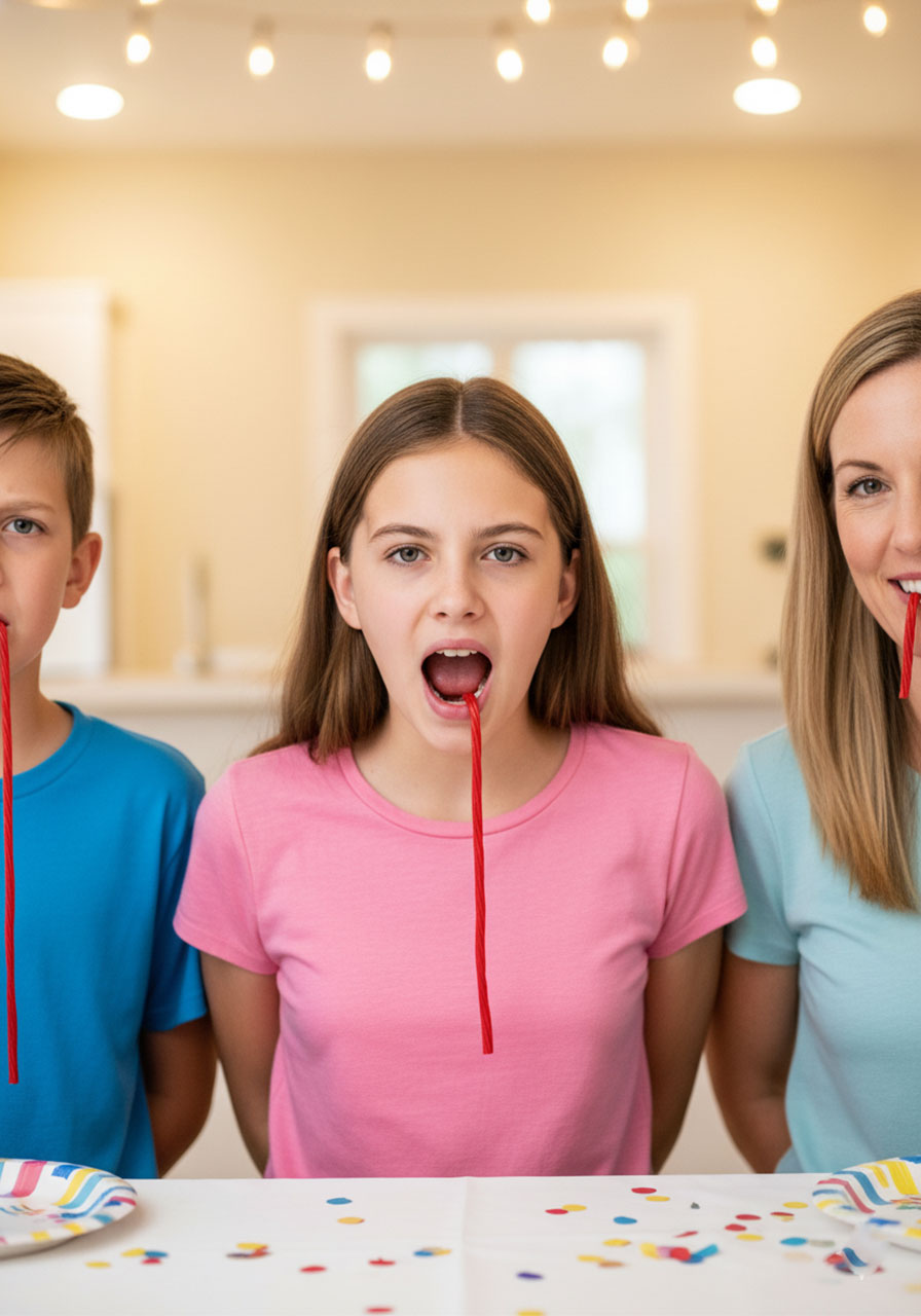 Three people racing to eat dangling red licorice without hands in hilarious Valentine challenge