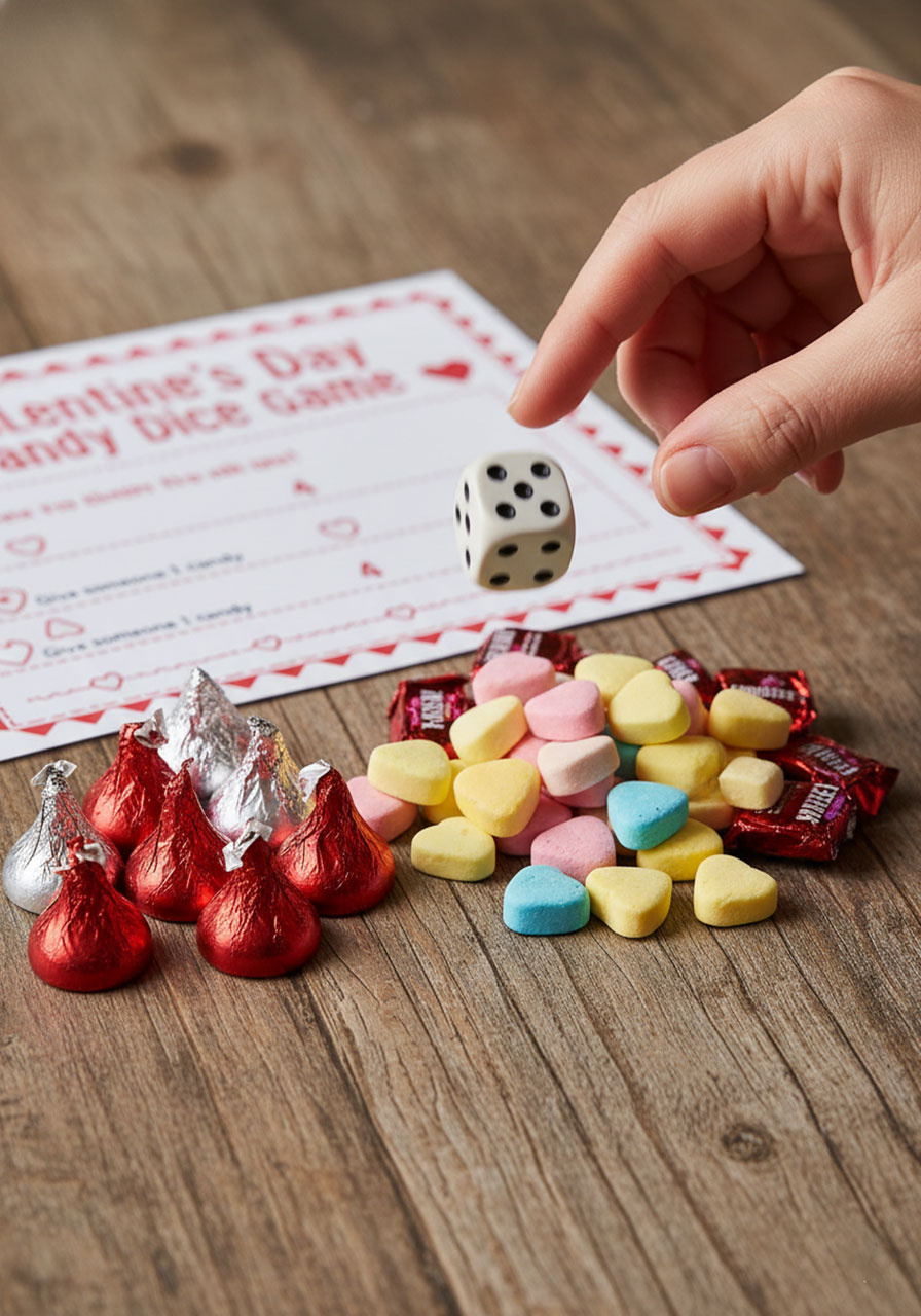 Close-up of hand rolling dice during Valentine's candy game with chocolate kisses and conversation hearts on table
