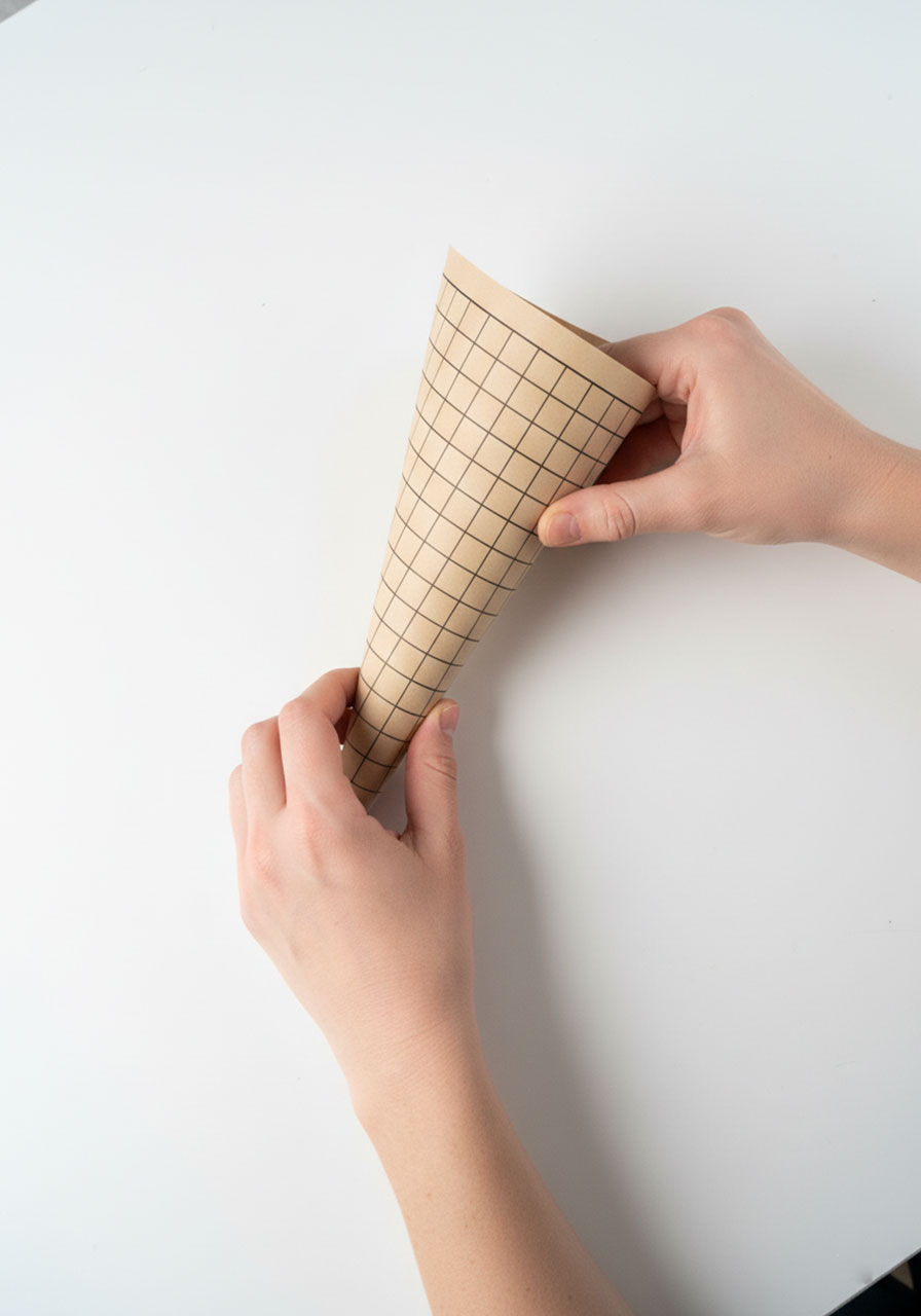 Hands rolling beige cardstock with waffle pattern into cone shape for preschool ice cream sharing activity
