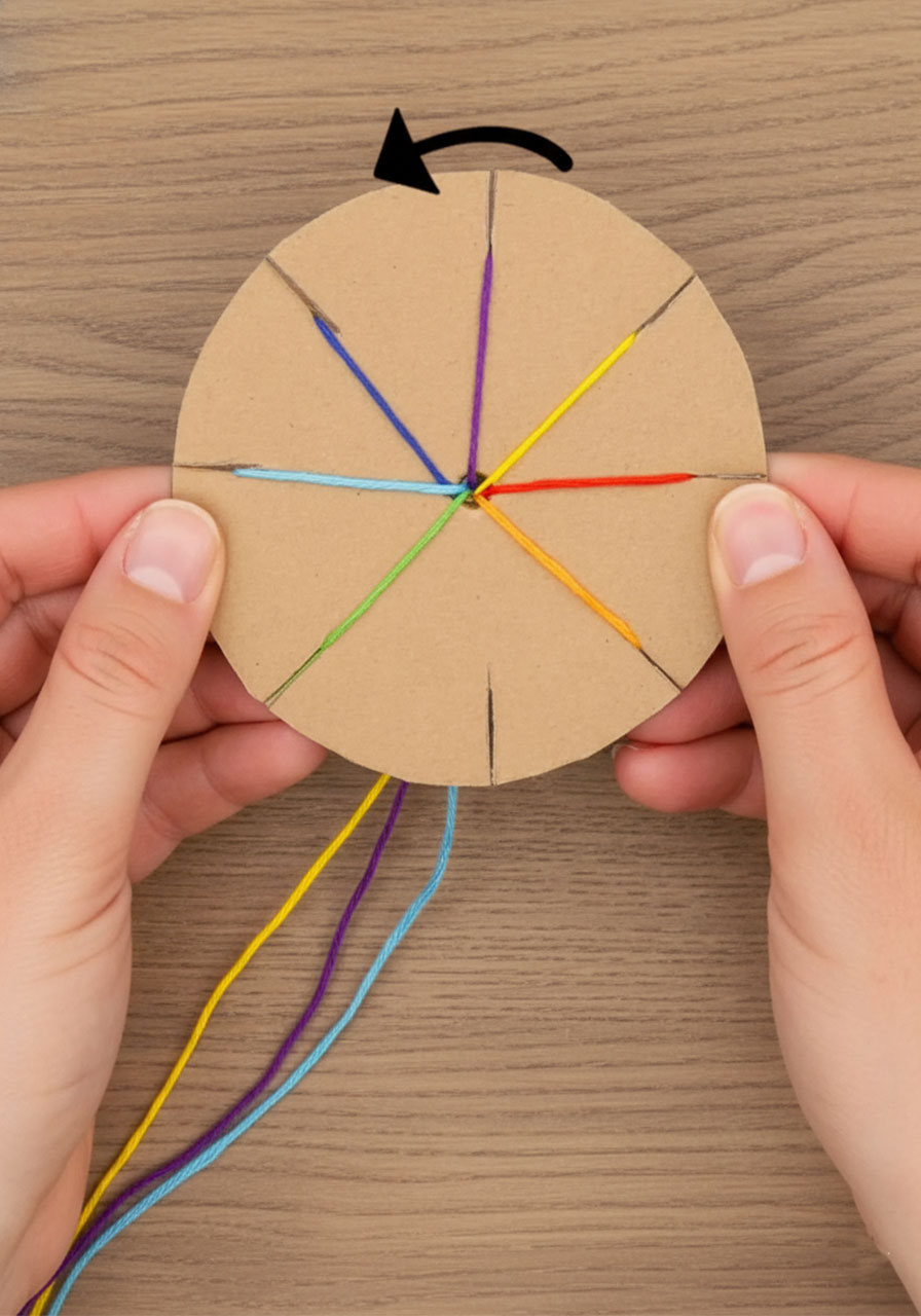 Rotating cardboard loom counter-clockwise to reset empty notch position for bracelet weaving