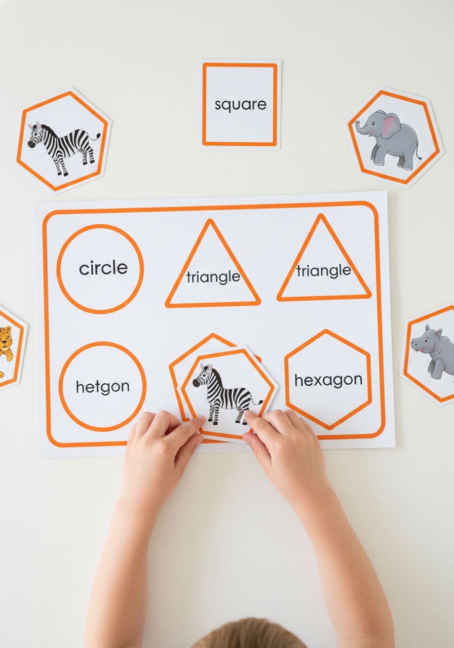 Child matching safari animal shape cards to corresponding shapes on board for geometry learning activity