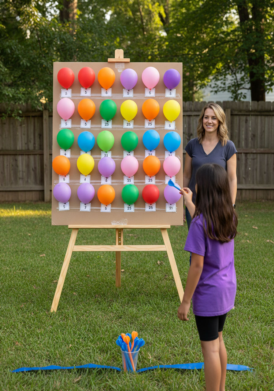 Safe DIY balloon pop dart game with cardboard backing, colorful balloons, and foam Velcro darts with adult supervision at outdoor party