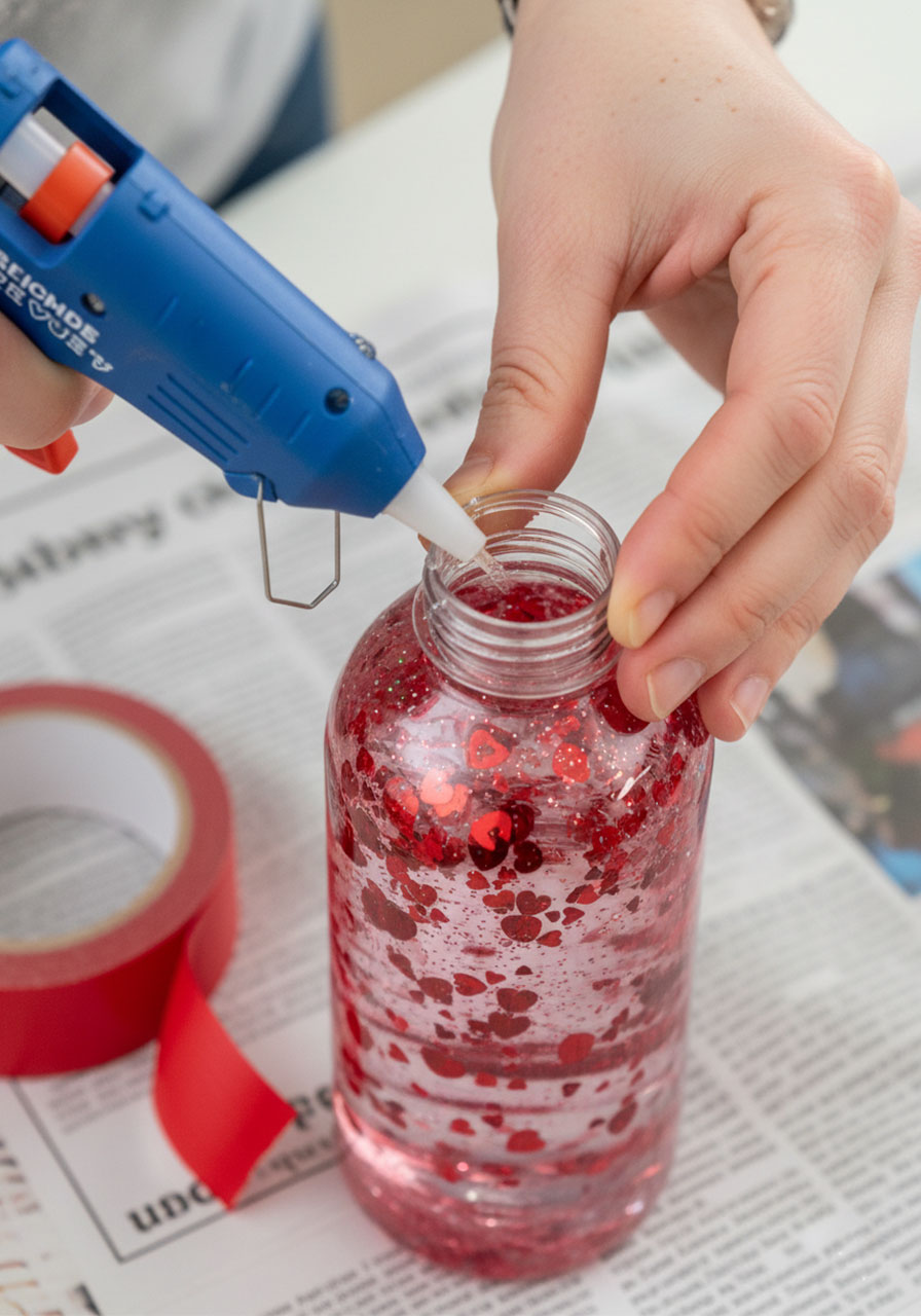 Adult applying hot glue to bottle cap to safely seal Valentine's sensory bottle for kids