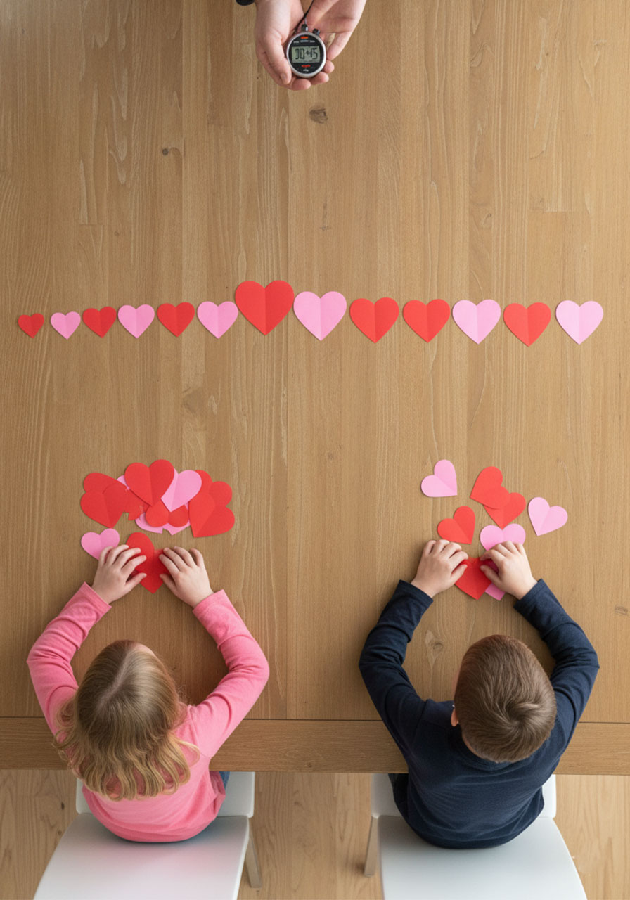 Two children racing to arrange paper hearts by size from smallest to largest in Valentine challenge