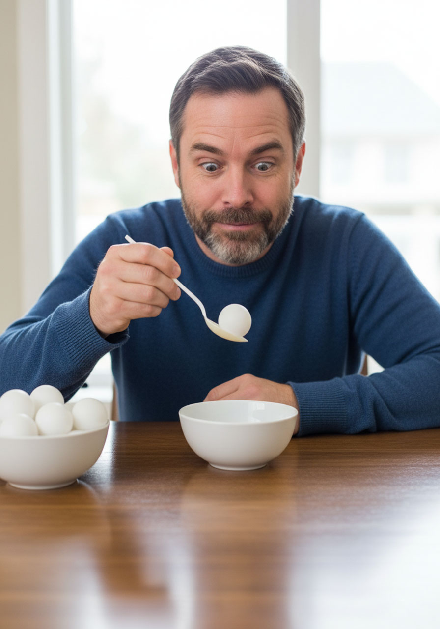 Dad with spoon in mouth attempting to transfer a ping pong ball, capturing the hilarious chaos of this Minute to Win It game.