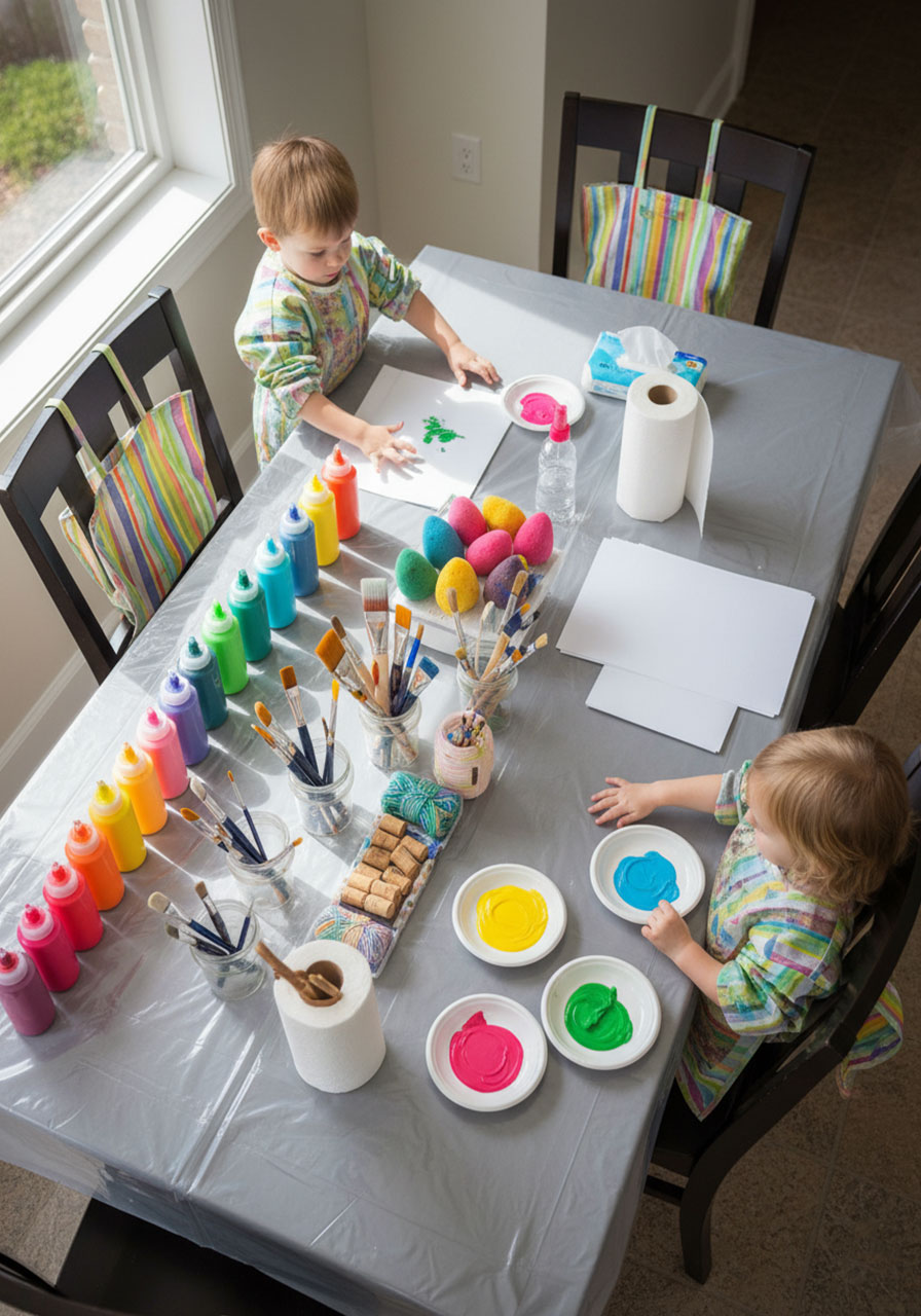 Organized art supply station with paints, tools, and materials set up for spring process art activities with children