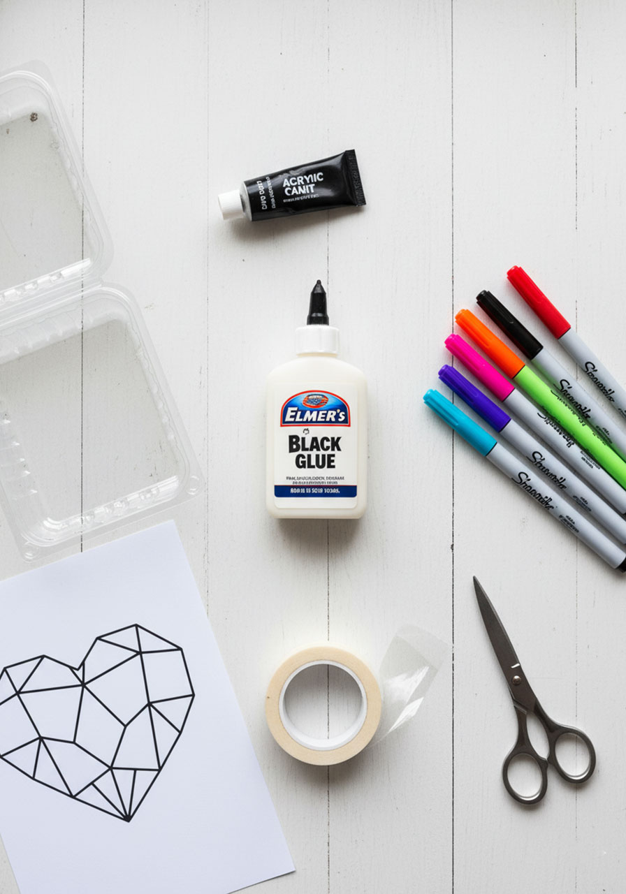 Complete flat lay of all supplies needed to make stained glass heart suncatcher including black glue, Sharpies, and clear plastic