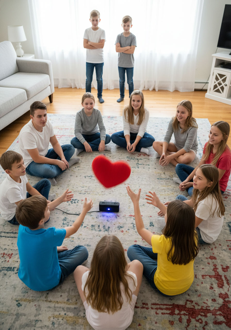 Children sitting in circle passing heart pillow in Stop in The Name of Love hot potato game