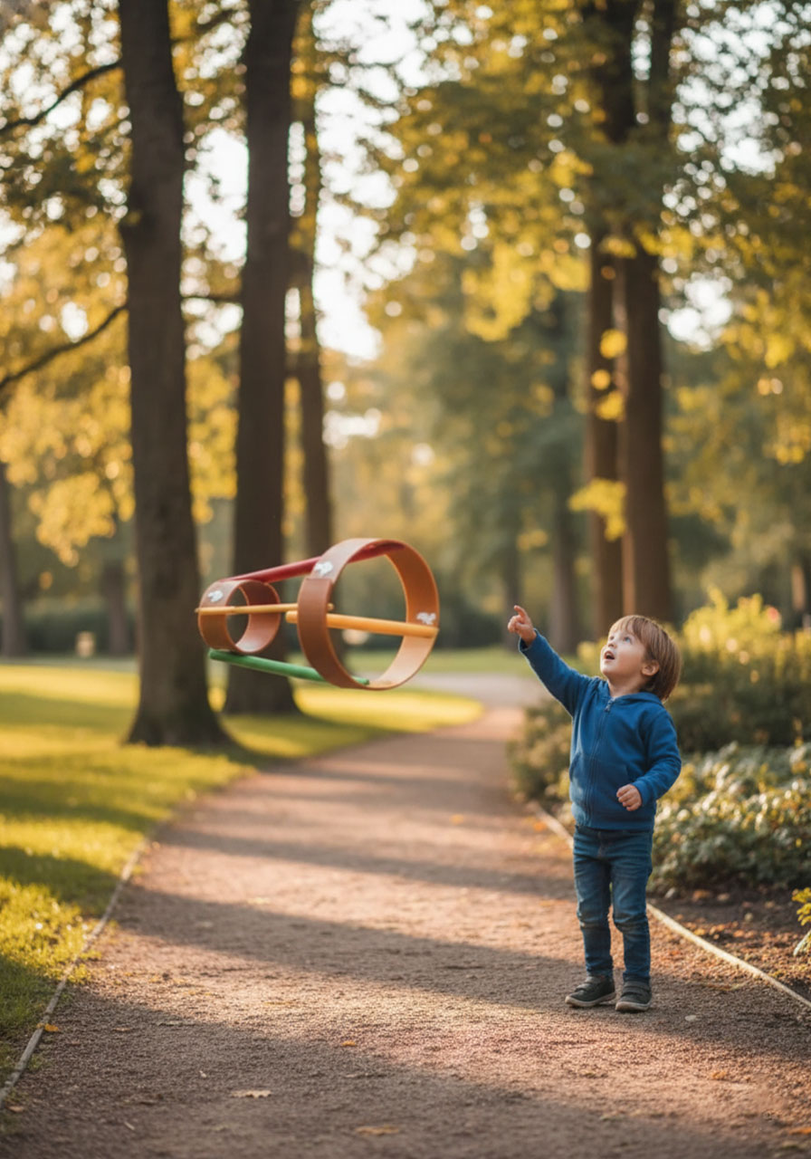 Straw airplane frozen in mid-flight showing straight trajectory with paper hoops creating lift indoors