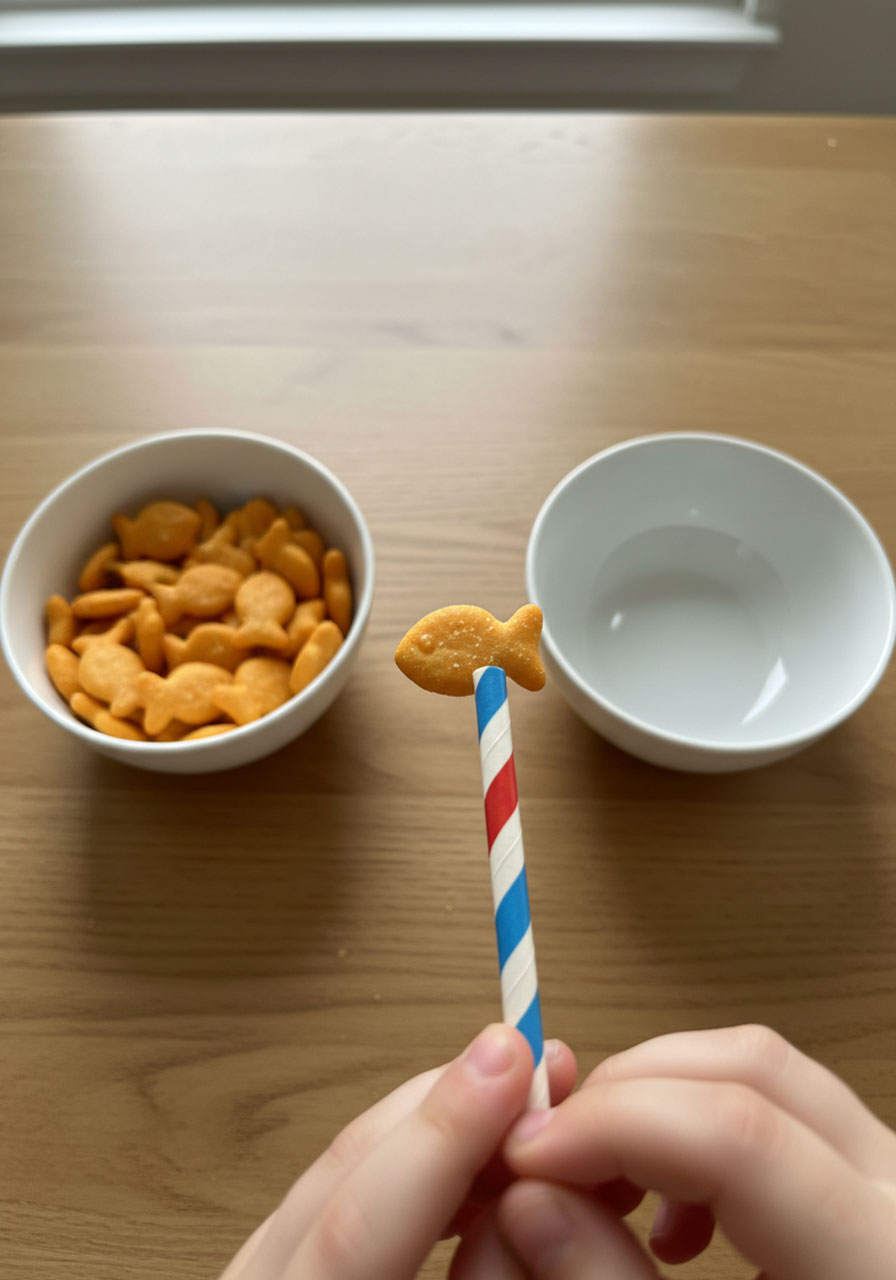Close-up of a straw using suction to lift and transfer a Goldfish cracker between bowls in a Minute to Win It skill game.