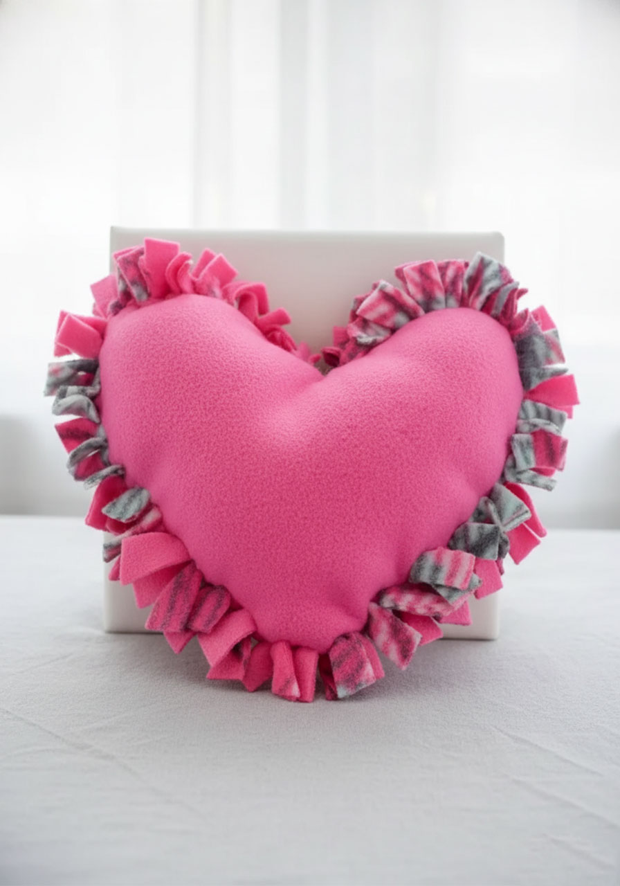 Child's hands stuffing polyester filling through opening in nearly complete no-sew heart pillow