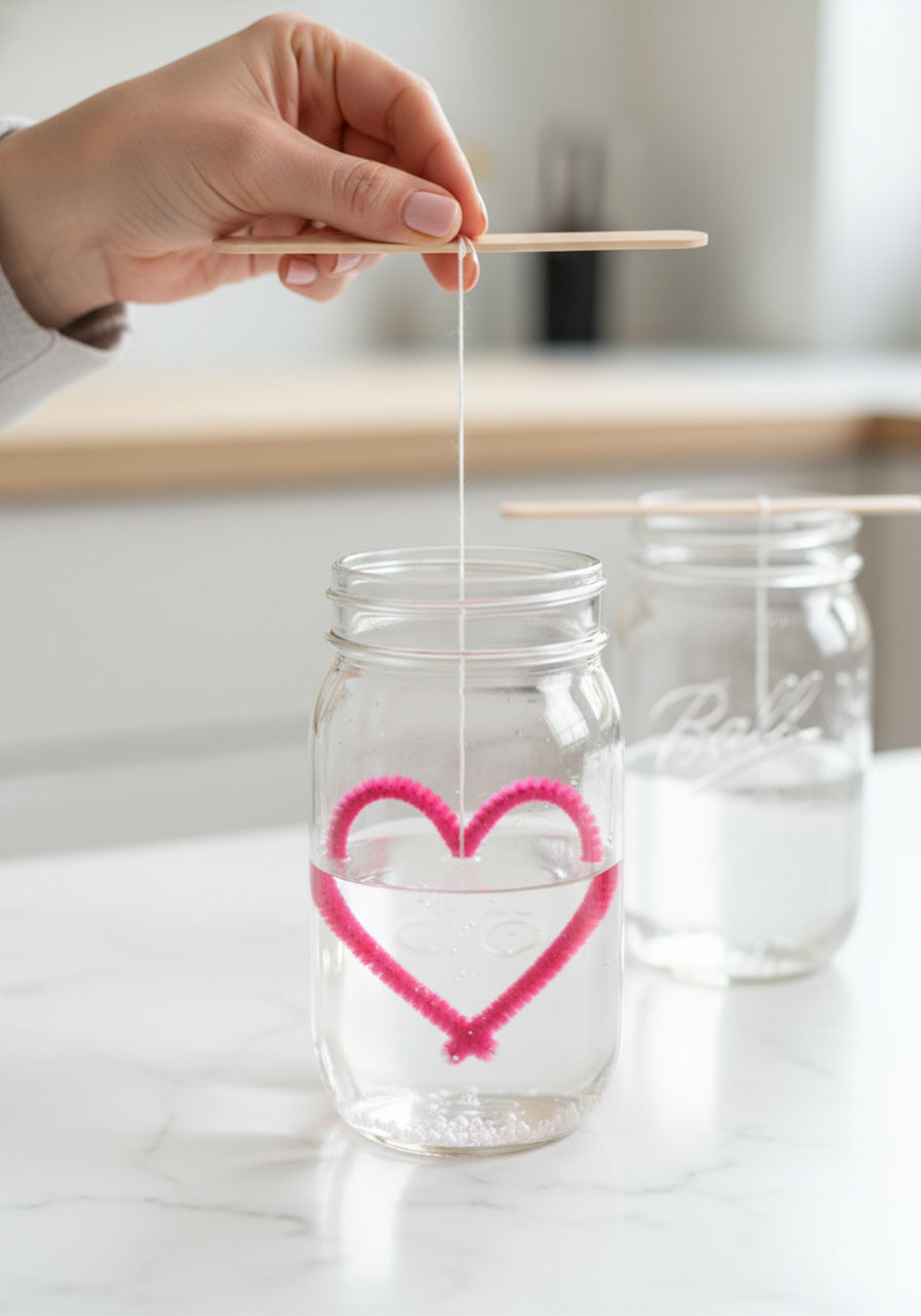 Lowering shaped pipe cleaner heart into borax solution in mason jar for crystal formation process
