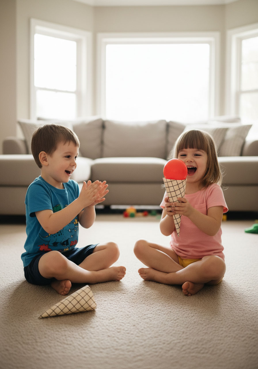 Two preschool children celebrating successful ice cream ball transfer showing excitement and friendship during sharing activity