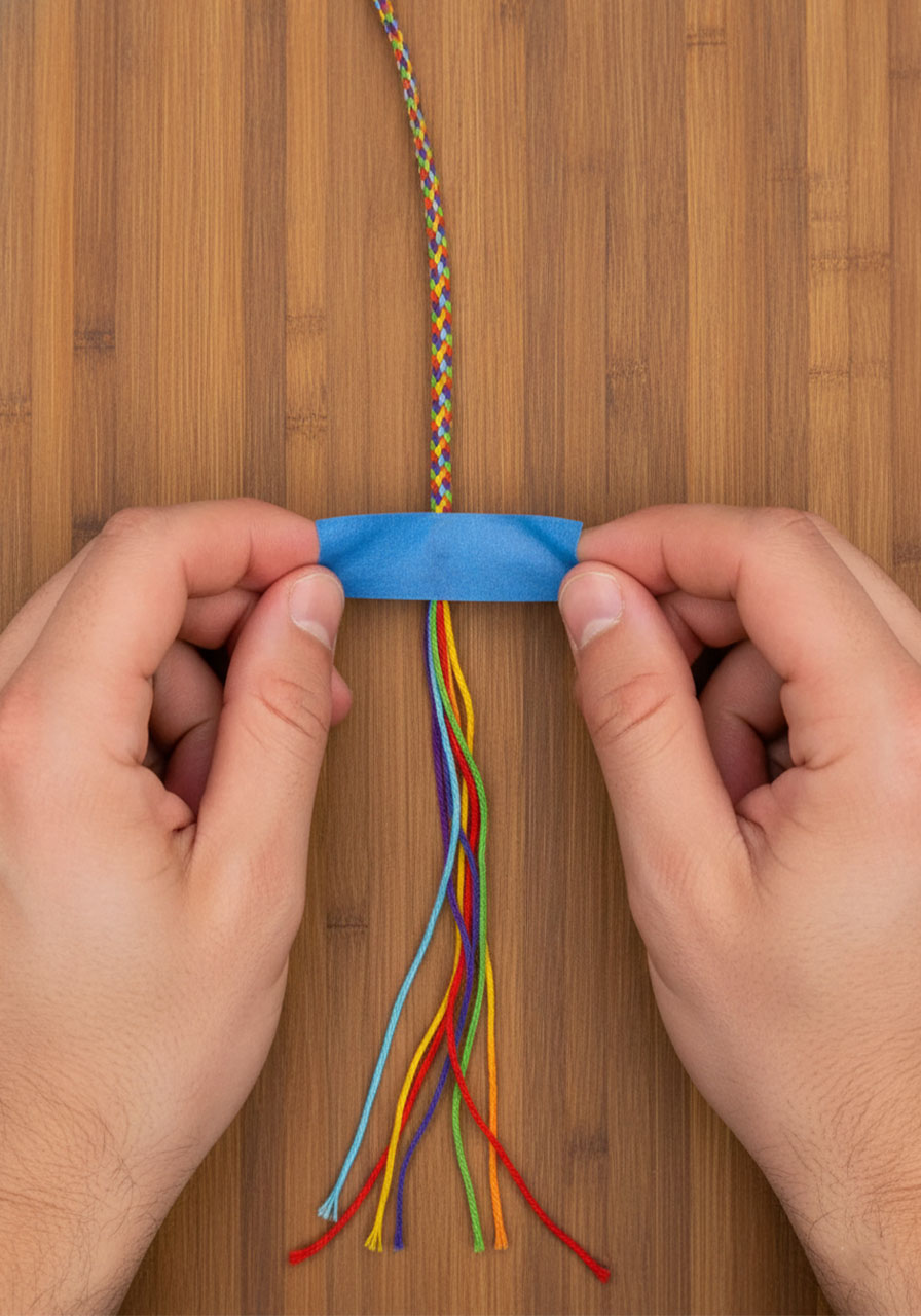 Taping one end of cardboard loom bracelet to work surface before creating braided closure