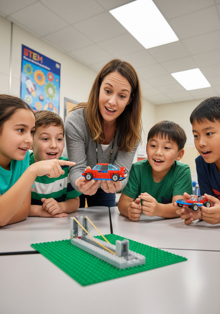 Teacher demonstrating LEGO slingshot car to engaged elementary students gathered around classroom table