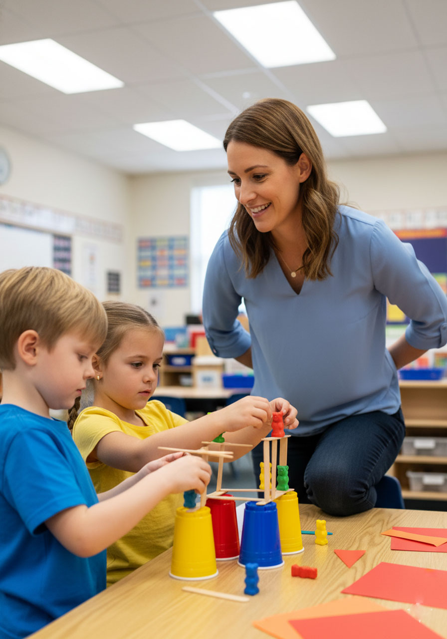 Teacher observing and encouraging kindergarten students during Floor is Lava STEM challenge without intervening, demonstrating proper facilitation technique