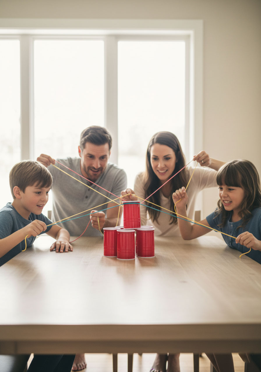 Family team using strings and a rubber band to collaboratively move cups in the Team Cup Pyramid Knockdown challenge.