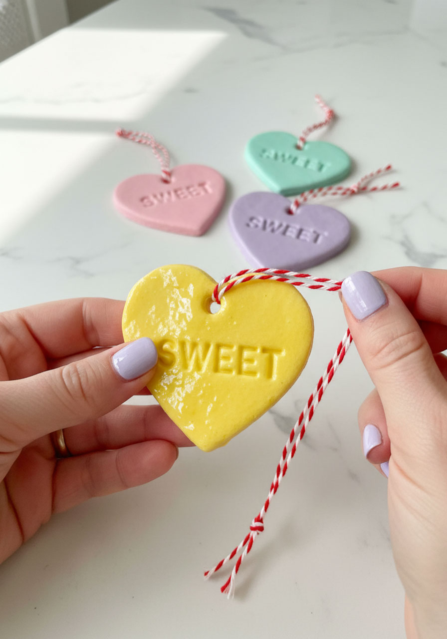 Threading baker's twine through hole in painted salt dough conversation heart for hanging as ornament or gift tag