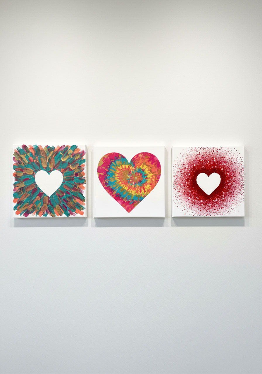 Three different heart canvas painting techniques displayed together showing credit card, cling wrap, and cotton swab methods