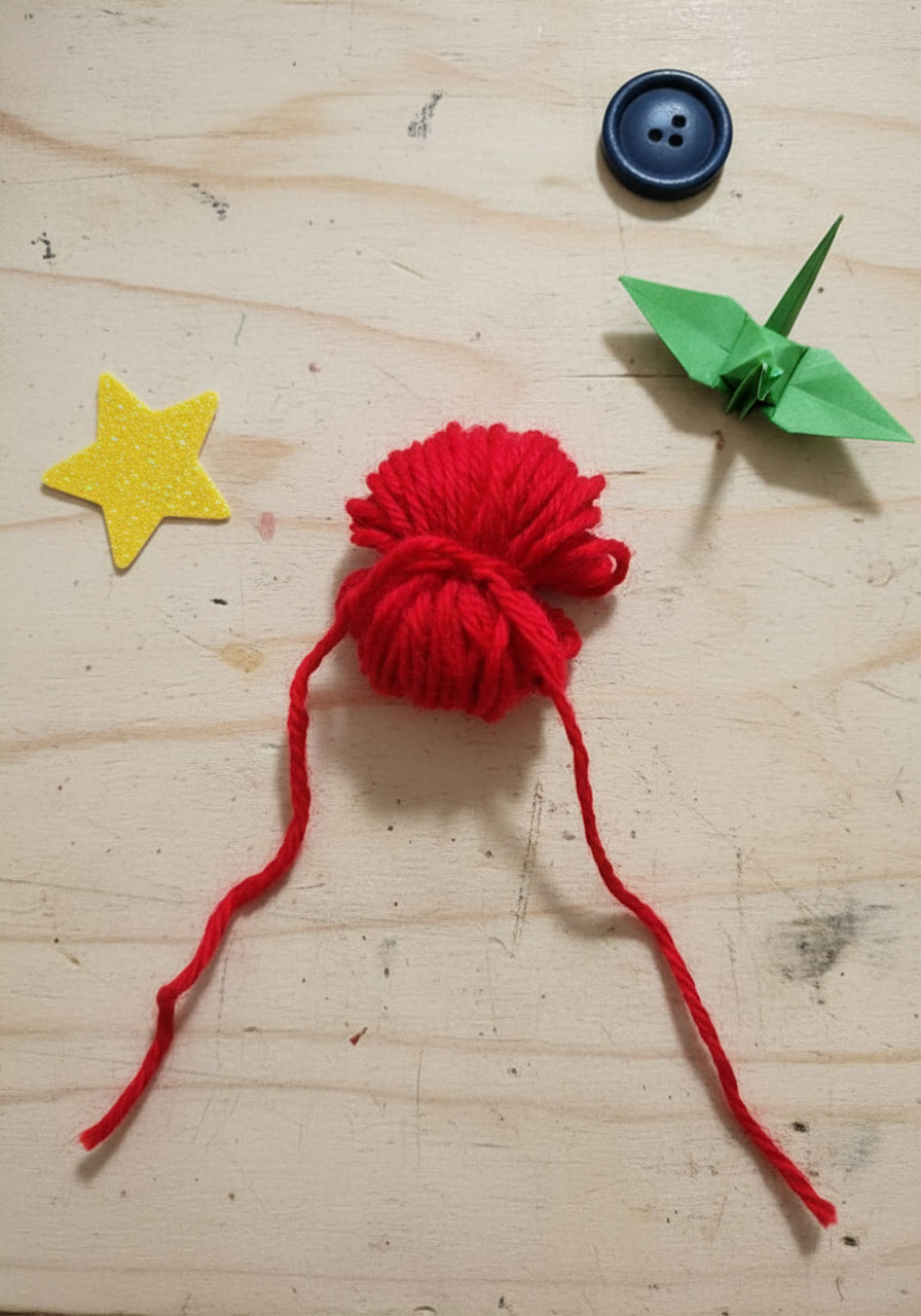 Pink yarn bundle tied tightly in the center with visible knot and 6-inch tails, showing loops before cutting to create pom pom shape