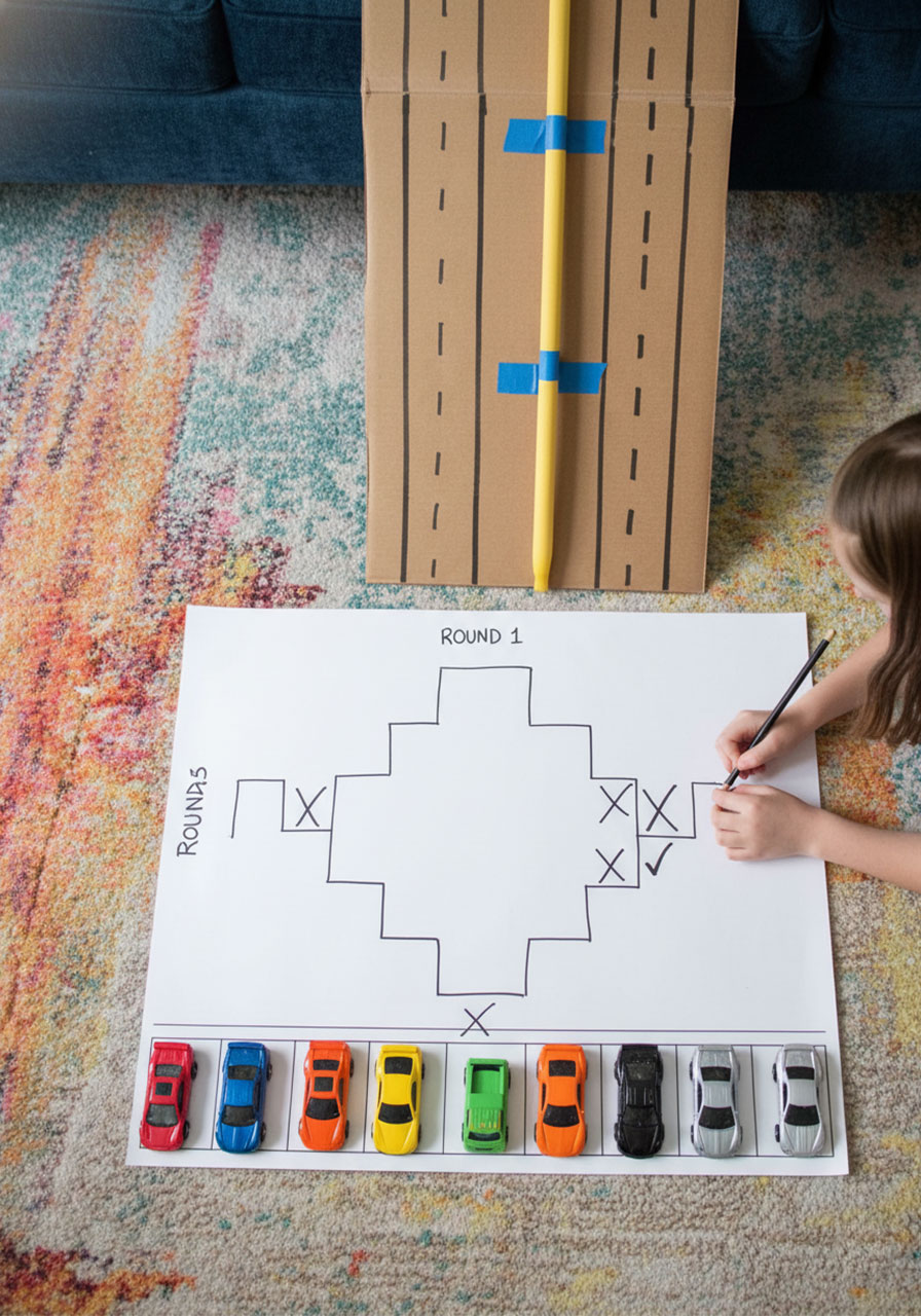 Kids' tournament bracket for racing toy cars on cardboard ramp STEM activity