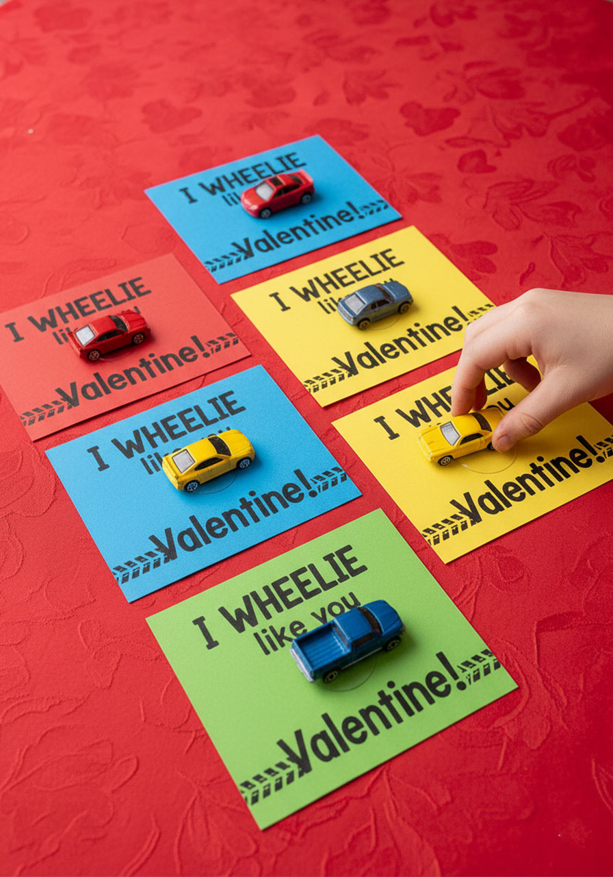 Small toy cars attached to colorful valentine cards with car pun perfect for vehicle-loving kids no-candy exchange