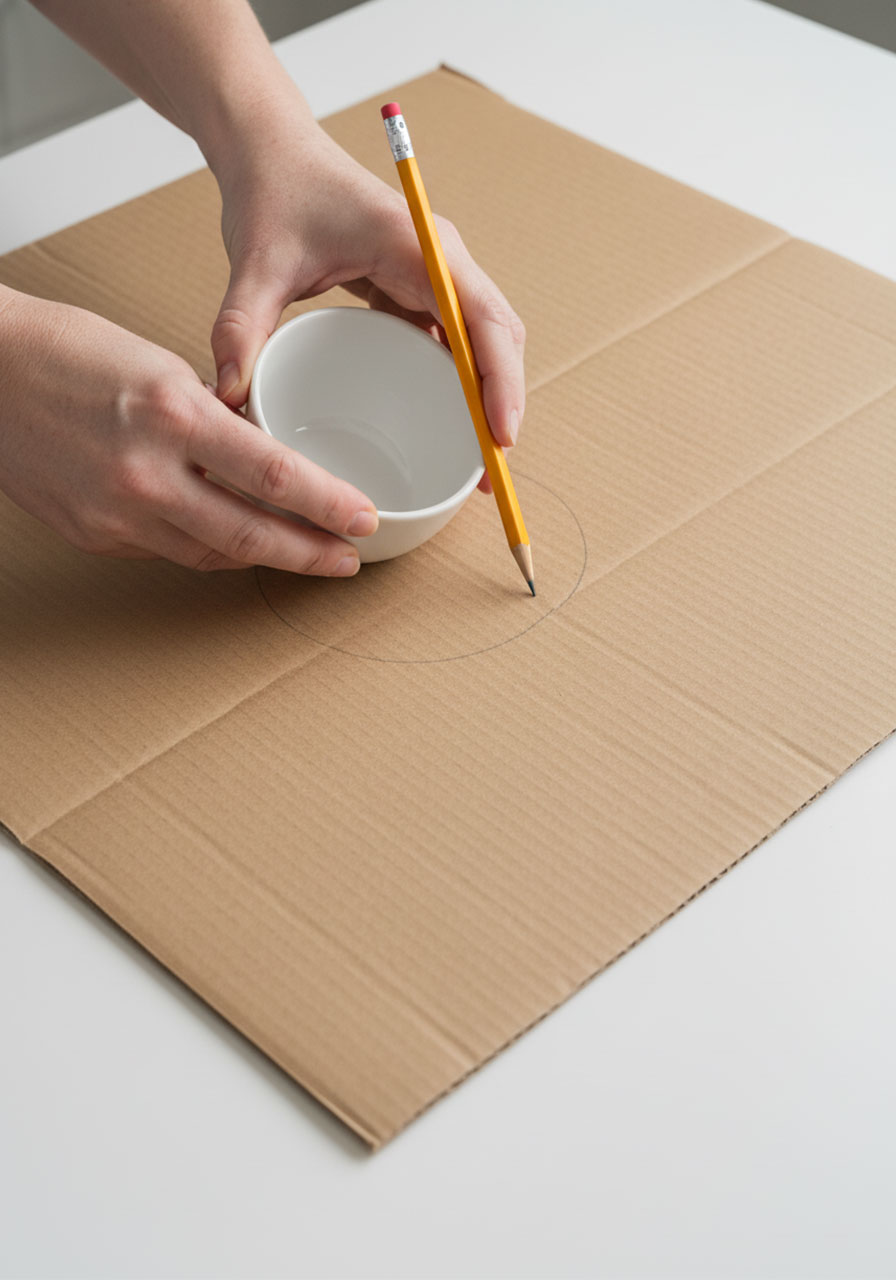 Tracing 3.5-inch circle on cardboard using small bowl for DIY loom bracelet