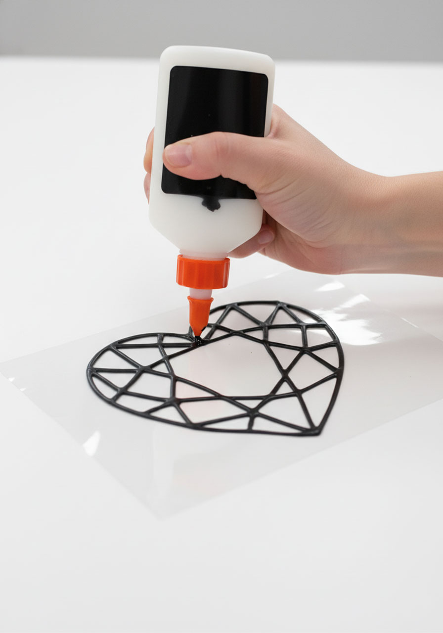 Close-up of hand tracing geometric heart pattern with black glue on clear plastic to create stained glass suncatcher outline