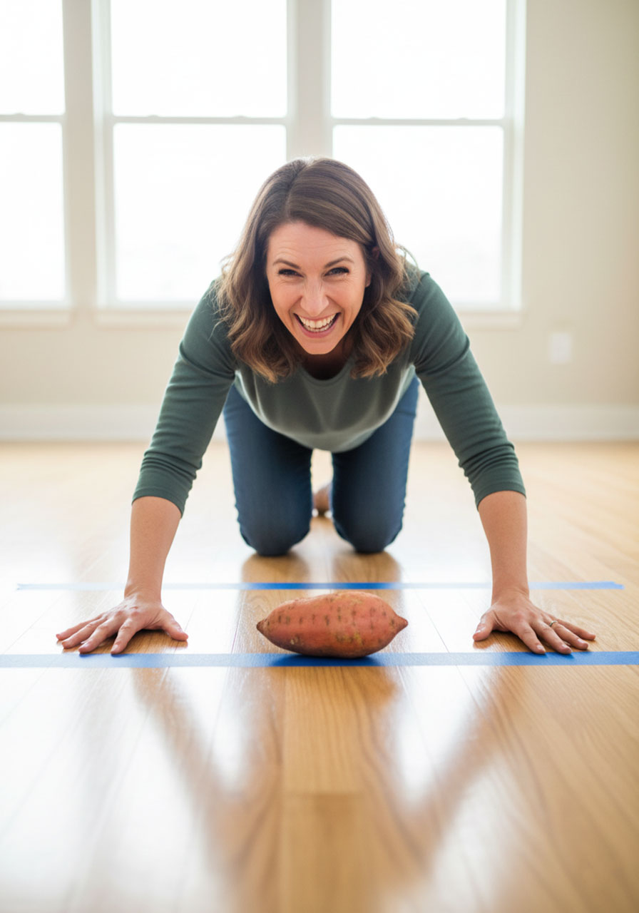 Adult woman laughing during the Traffic Yam game, pushing a potato with her nose across a finish line on the floor.