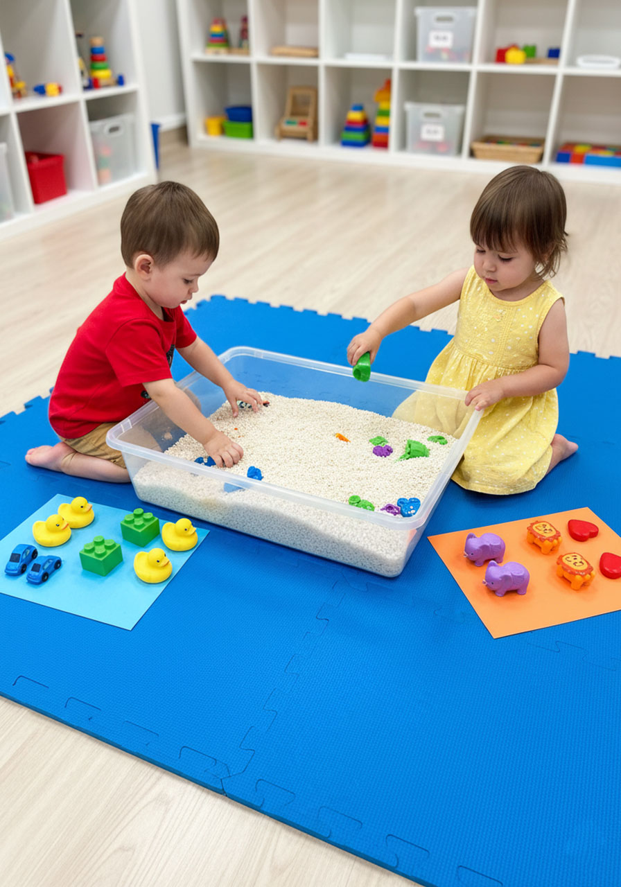 Two toddlers playing together at shared sensory bin with separate sorting areas, finding and matching toy pairs cooperatively