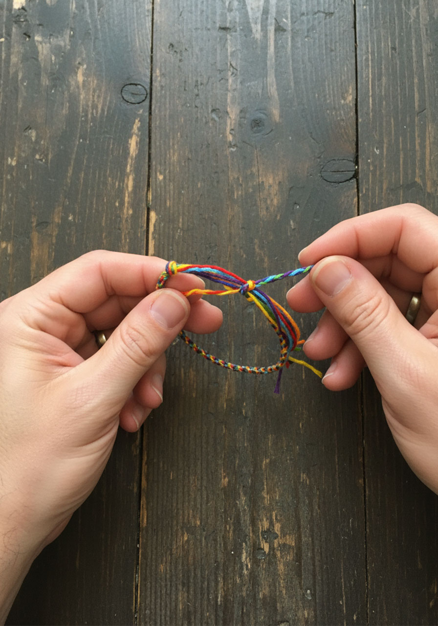 Tying braided sections in knot around loose cords to create sliding closure for friendship bracelet