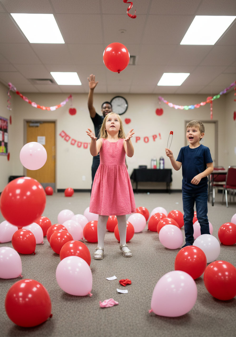 Children batting balloons in air holding pins ready for Valentine balloon pop prize game