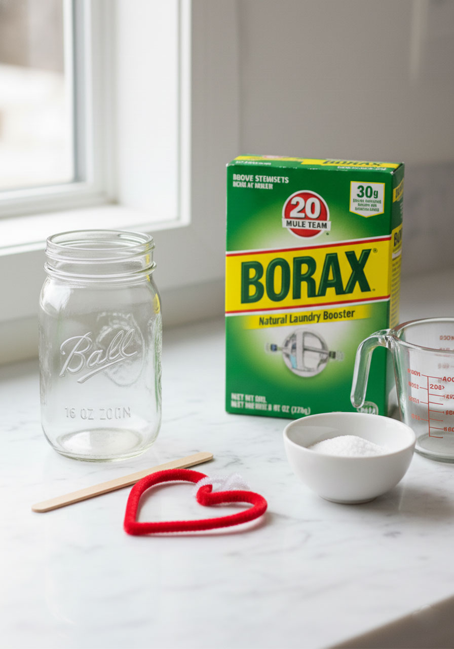 Borax crystal heart experiment supplies including mason jar, red pipe cleaner heart, popsicle stick, and borax powder for Valentine's Day STEM activity