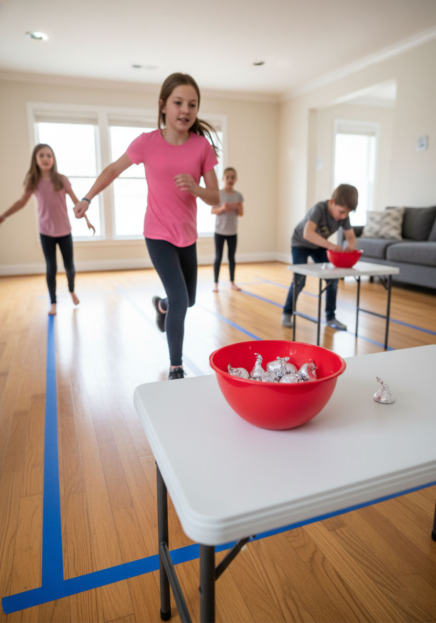 Children racing to unwrap and eat Hershey's Kisses in Valentine candy relay team game