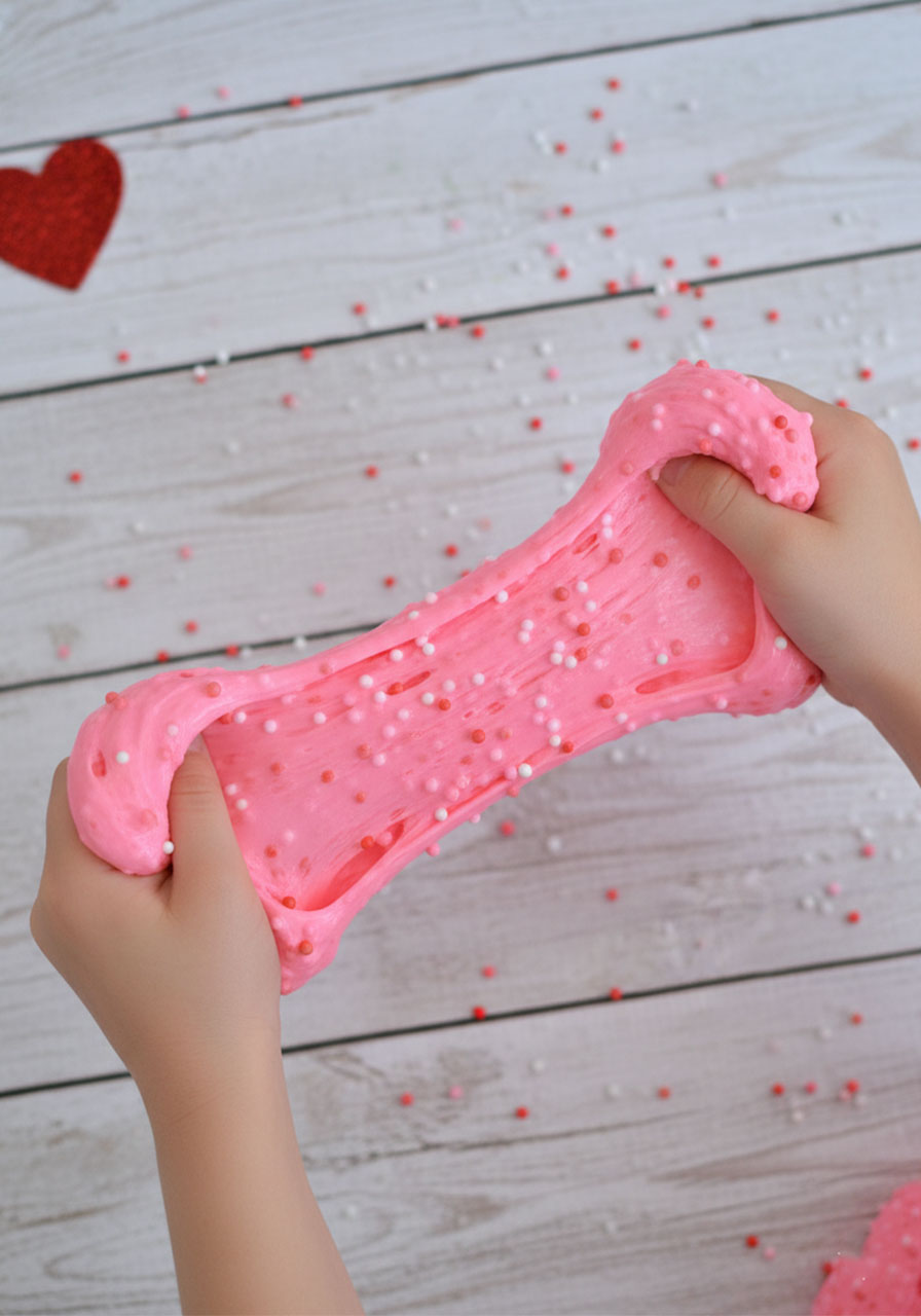 Bright pink Valentine floam slime being stretched between child's hands showing crunchy foam bead texture and stretchiness