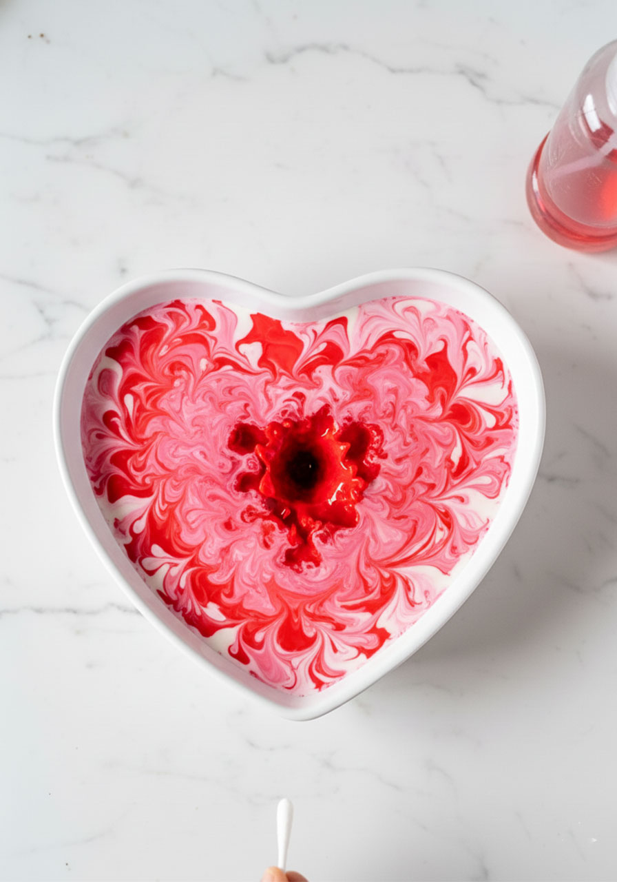 Magic milk experiment showing red and pink food coloring exploding in swirling patterns in heart-shaped pan for Valentine's Day science activity
