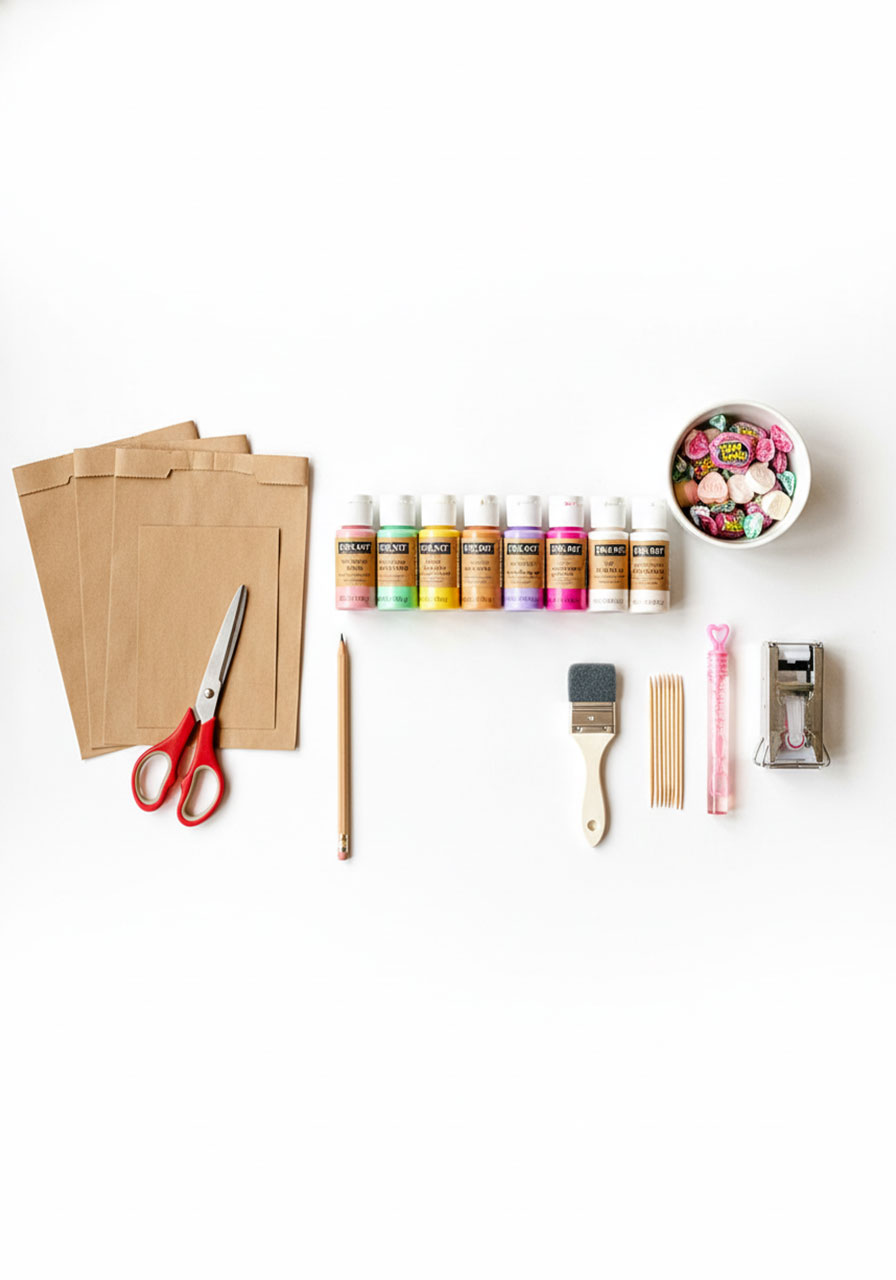 Complete craft supplies for making Valentine Pop Tart pouches including brown paper bags, acrylic paints, brushes, and adhesive