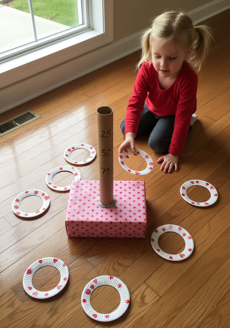 DIY Valentine's Day ring toss game made from shoebox and paper plates with child playing