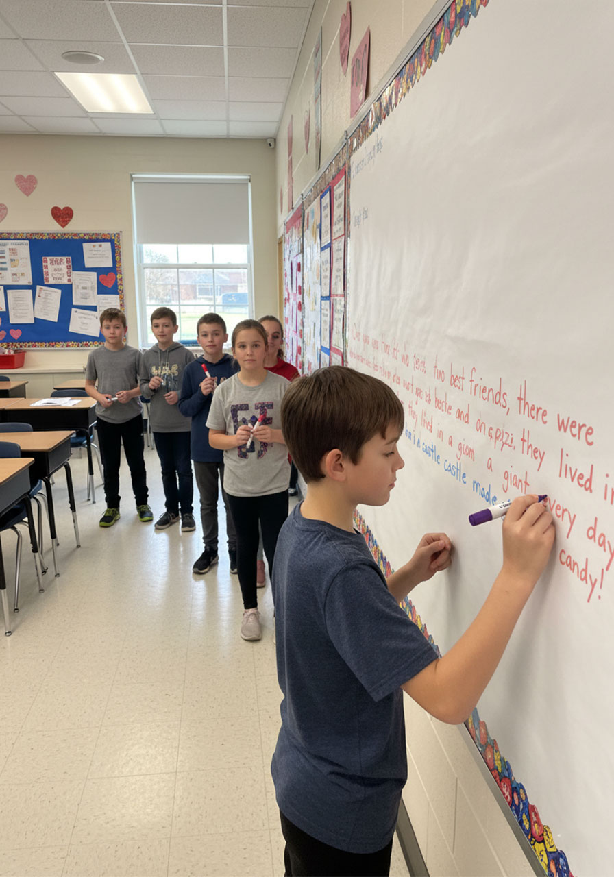 Students taking turns adding to collaborative Valentine's Day story written on long paper roll on classroom wall
