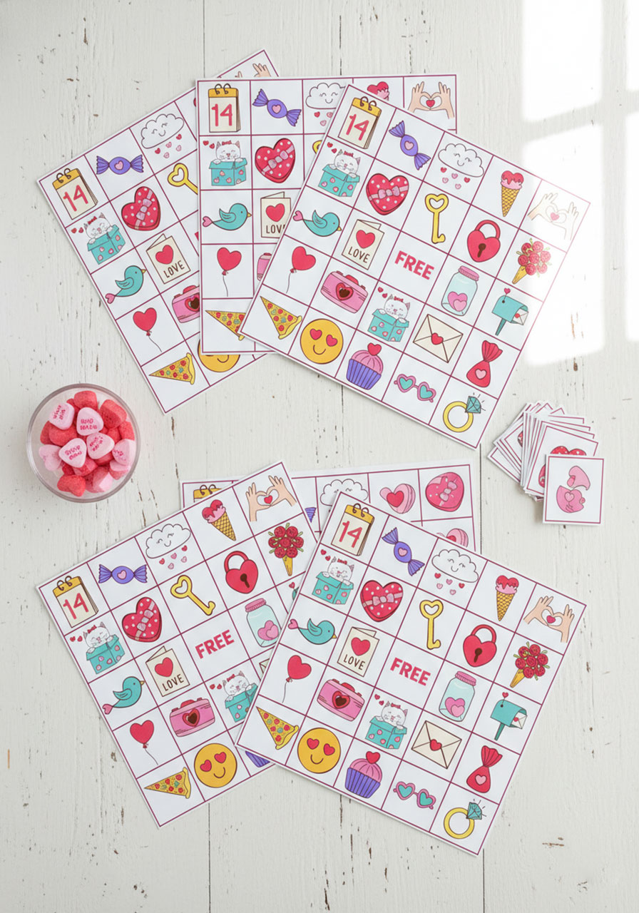 Free printable Valentine's Day bingo cards with cute heart designs and calling cards perfect for classroom and party games