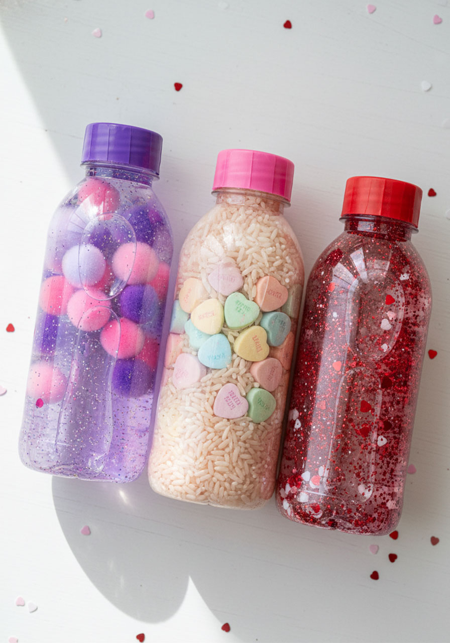 Three homemade Valentine's Day sensory bottles with hearts, glitter, and pom poms for kids' calm down activities