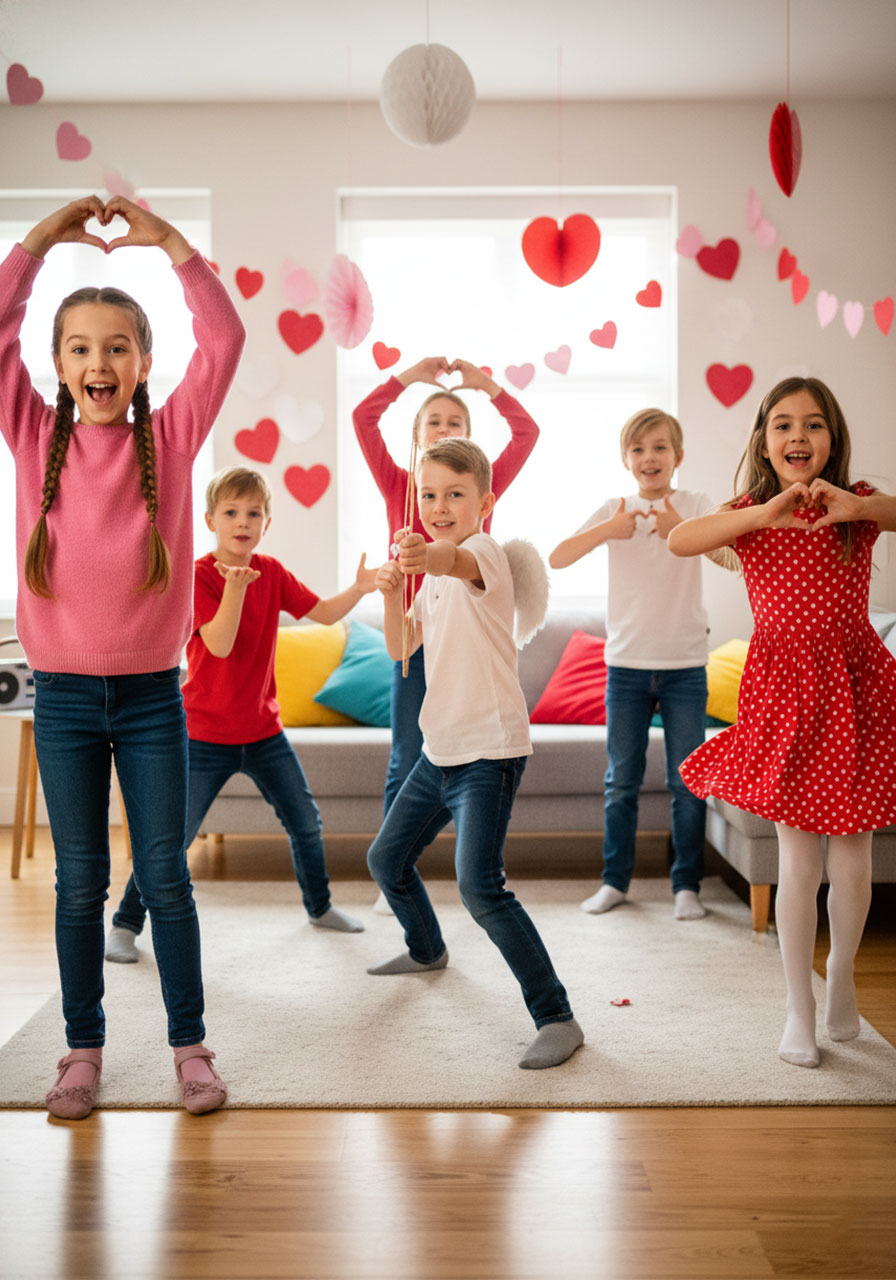 Valentine's Day freeze dance game with kids frozen in heart and cupid poses at party