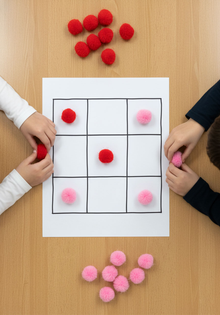 Students playing rapid Valentine's Tic-Tac-Toe with red and pink pom-poms during classroom Minute to Win It partner challenge